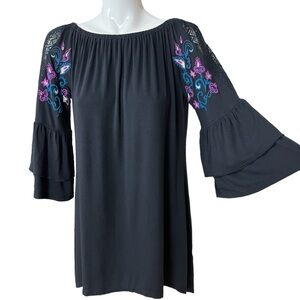 NY Collection Black Embroidered Lace Ruffle Sleeve Tunic Top Large NWT